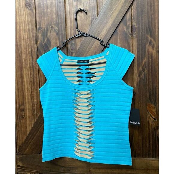 Dolce Cabo Aqua Blue Cutout Shirt Blouse Sz L - Picture 3 of 6
